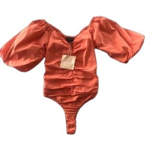 Kittenish XS Coral Puff Sleeve Smocked Back Bodysuit